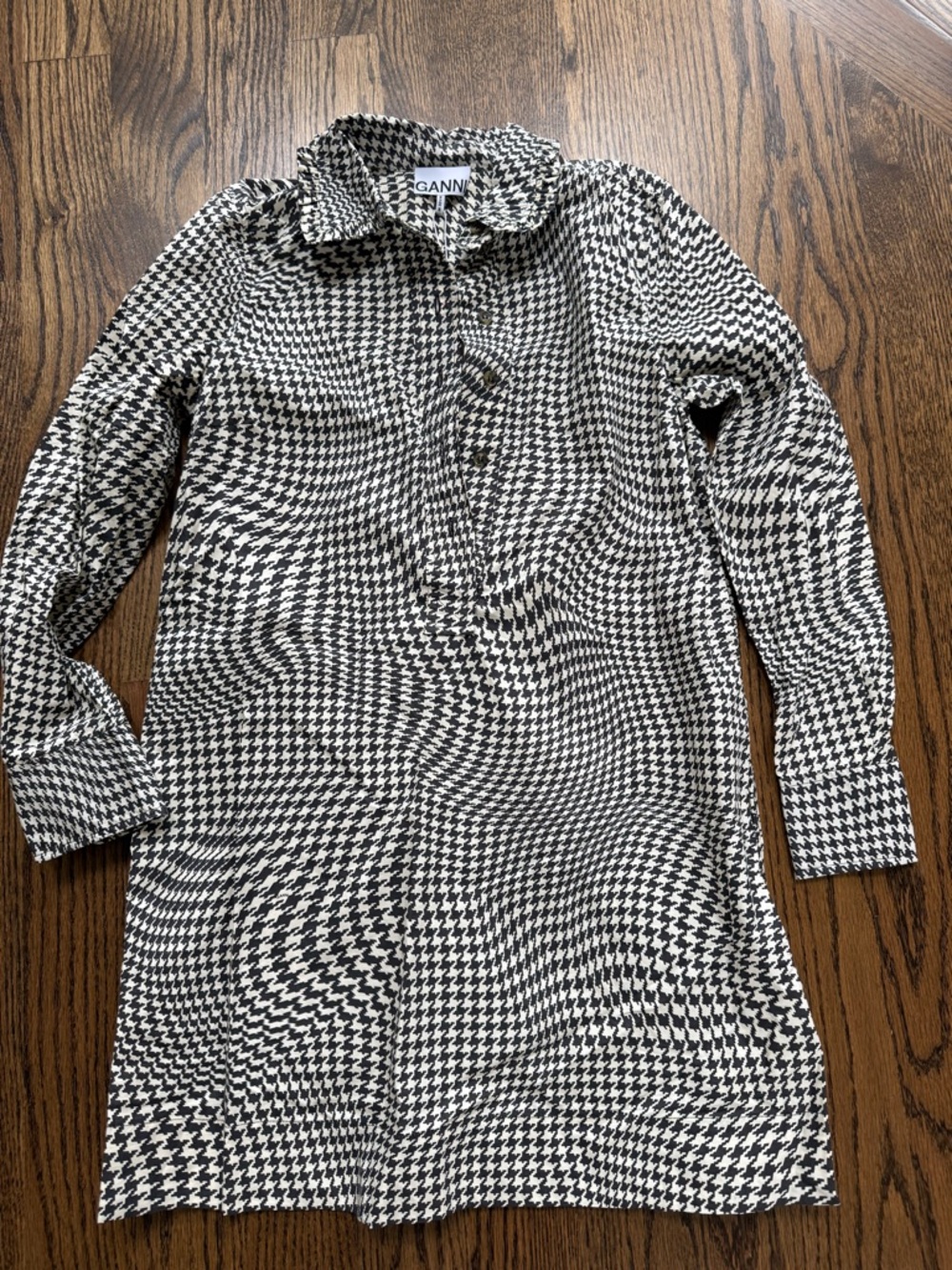 Ganni Black and White Houndstooth Shirt Dress